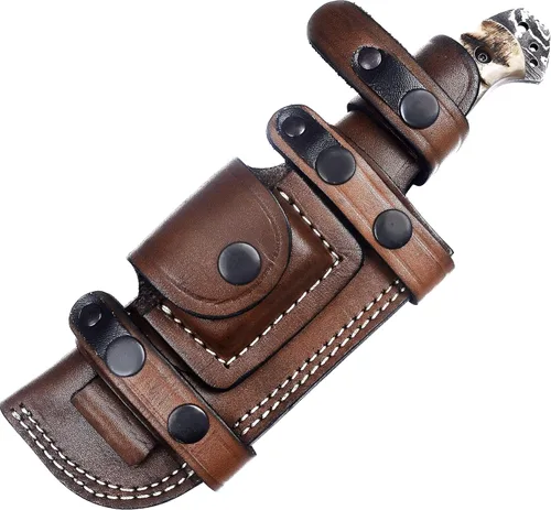 Miniatura 13 de Ottoza Cuchillo de caza de hoja fija con funda de cuero y transporte horizontal, cuchillo de supervivencia y campamento al aire libre de espiga