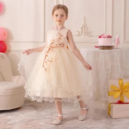 Miniatura 8 de Vestido formal para niña de flores, vestido formal para fiesta de cumpleaños, boda, bordado floral, vestidos de satén de tul para niños de 2 a 12