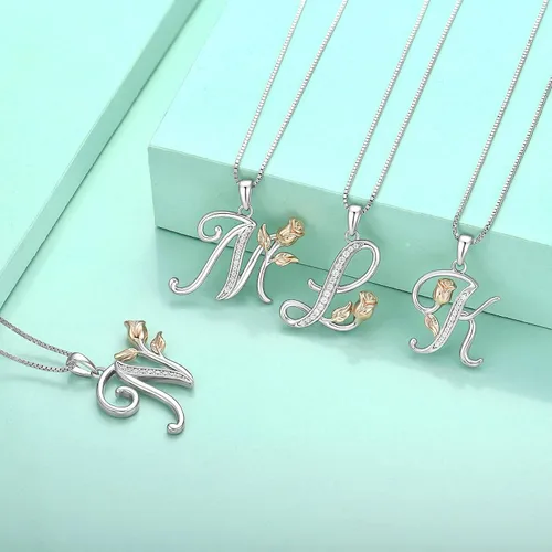 Miniatura 5 de STARCHENIE Collar con inicial para mujer, plata de ley, 26 letras del alfabeto, colgante de flor de rosa, regalos para familiares, hermanas y amigas