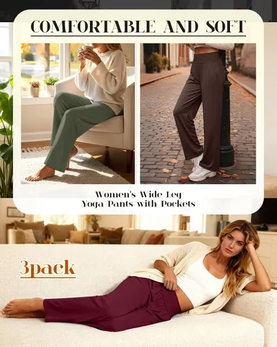 Miniatura 181 de Neer - Conjunto de 3 pantalones de yoga de pierna ancha para mujer - Pantalones deportivos cómodos, holgados, de cintura alta y casuales