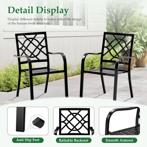 Miniatura 4 de Crownland Juego de 2 sillas de comedor de hierro forjado para patio, sillas apilables de metal con reposabrazos para jardín, piscina, patio trasero