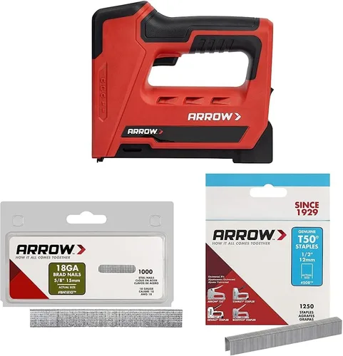 Arrow ET501C - Pistola profesional inalámbrica 5 en 1 para grapas y clavos de acero calibre 18 para moldear, gabinetes, enmarcar, recortar y