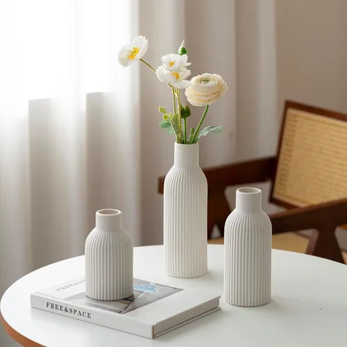 Miniatura 3 de Juego de 3 jarrones de cerámica modernos, jarrones decorativos acanalados blancos, centro de mesa para decoración del hogar, regalos de cumpleaños