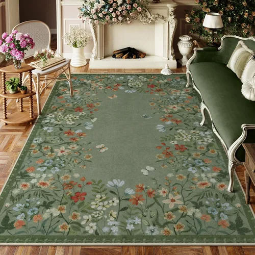 Miniatura 12 de Wonnitar Alfombra de área lavable de 2 x 3, alfombra de entrada floral verde, alfombra bohemia pequeña antideslizante para baño, alfombra suave