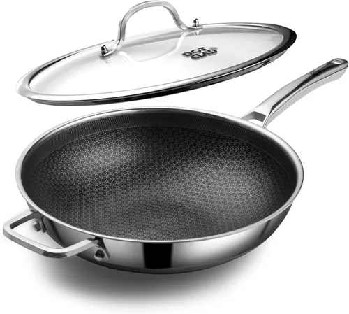DOTCLAD Sartén wok, wok híbrido de 12 pulgadas con tapa, utensilios de cocina sin PFOA, woks antiadherentes de acero inoxidable y sartenes para