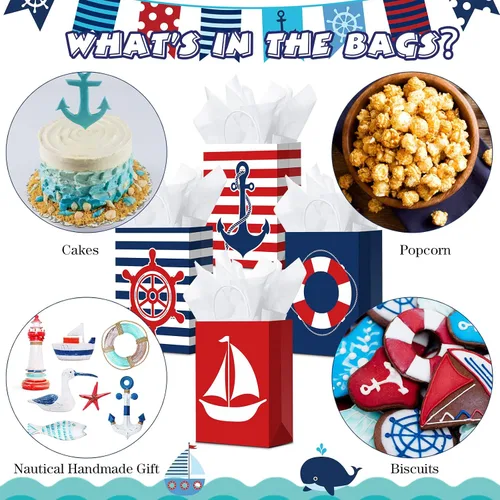 Miniatura 7 de Sepamoon Paquete de 16 bolsas de regalo náuticas, bolsas de papel para fiestas náuticas y papel de seda con asas, anclajes marinos, golosinas