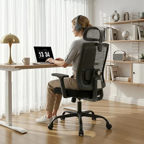 Miniatura 5 de Silla ergonómica de oficina con respaldo alto de malla, silla de escritorio de oficina con soporte lumbar ajustable, sillas de trabajo rodantes
