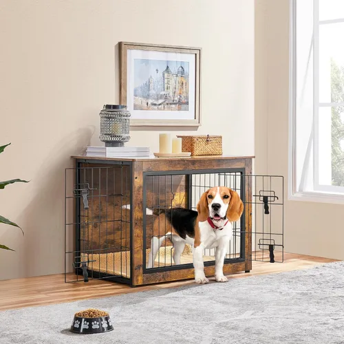 Miniatura 2 de Yaheetech 32" Mesa auxiliar de jaula para perros con cojín, jaula de madera para perros con puertas dobles/pies ajustables, mesa auxiliar lateral