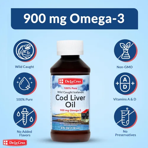 Miniatura 4 de De La Cruz Aceite de hígado de bacalao líquido puro de pescado islandés capturado en la naturaleza, rico en vitamina D y aceite de pescado Omega 3
