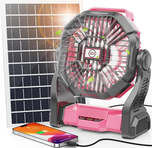 Miniatura 9 de Ventilador Solar de 20000mAh con Farol LED, Panel Solar Recargable de 10W, Ventilador de Camping Alimentado por Batería para Exteriores, de 9
