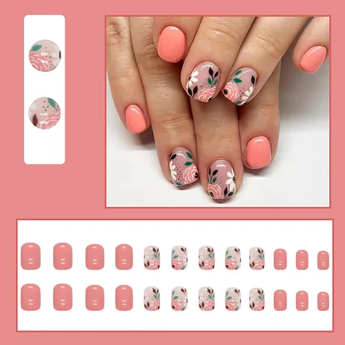 Miniatura 6 de Uñas postizas a presión de otoño, uñas postizas cuadradas cortas de cobertura completa con diseño de flores rosas, lindas uñas acrílicas brillantes