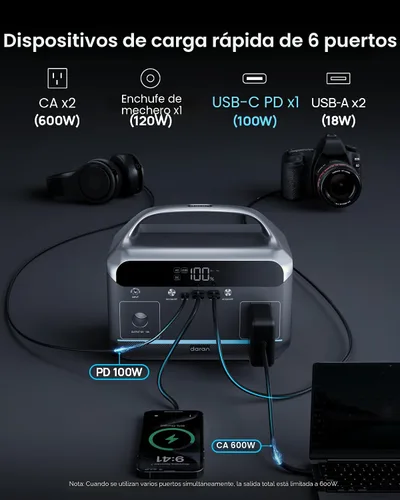 Miniatura 3 de Estación de energía portátil de 600W (pico de 1200W), generador solar de 288Wh (90,000mAh) con batería LiFePO4 y salidas de CA, carga rápida de 1.7H