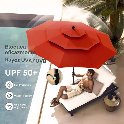 Miniatura 3 de PHI VILLA Sombrilla de patio de 10 pies, sombrilla de mesa grande ventilada de 3 niveles para exteriores, con 8 varillas resistentes y poste
