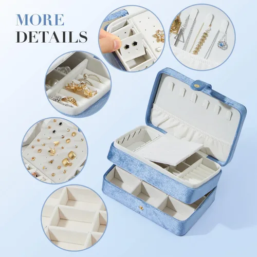 Miniatura 3 de Joyero pequeño de terciopelo para mujeres y niñas, estuche portátil de viaje de doble capa para anillos, colgantes, aretes, collares, organizador