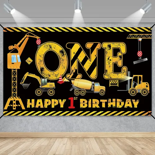 Decoraciones de primer cumpleaños para niños, tema de excavadora y camión volquete, decoraciones de banner de primer cumpleaños, banner de Negro 1st