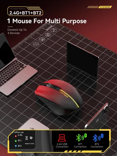 Miniatura 4 de RAPIQUE Ratón Inalámbrico Bluetooth - (BT1/BT2+USB) Tri-Modo de Alto Rendimiento, Recargable, Compatible con Múltiples Dispositivos con Rojo