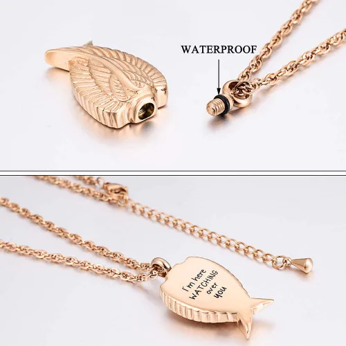 Miniatura 3 de Collar de cremación de ala de ángel para cenizas, colgante de urna de acero inoxidable, soporte para cenizas, joyería conmemorativa, estoy aquí