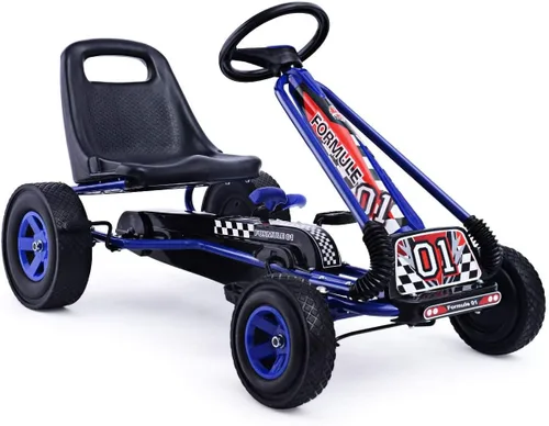HONEY JOY Go Kart para Niños, Cuadriciclo de 4 Ruedas Todoterreno con Pedales Go Cart con Volante y Asiento Ajustable, 2 Frenos de Seguridad, Azul