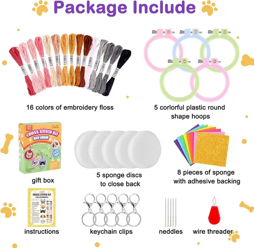 Miniatura 2 de Caydo 5 piezas de kits de punto de cruz para niños con patrones de gatos y perros, kits de punto de cruz estampados para principiantes, llavero DIY