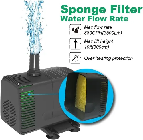 Miniatura 2 de Knifel Bomba sumergible de 880 GPH (3500 L/H 60W) ultra silenciosa con protección contra sobrecalentamiento, elevación de 10.2 pies de alto