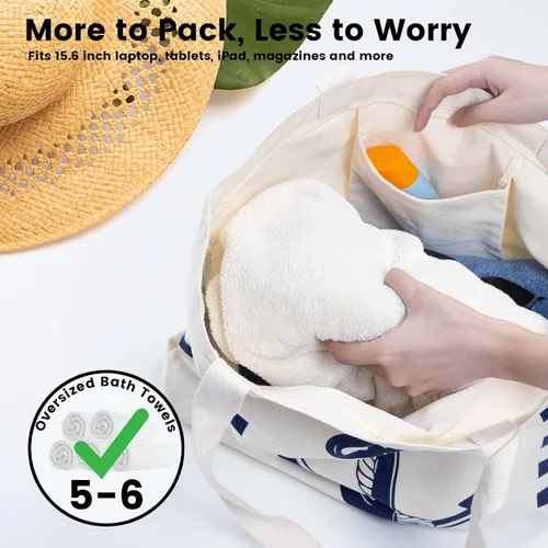 Miniatura 4 de Bolsa de lona con diseño náutico de anclaje con bolsillo interior, cremallera superior, bolsas de comestibles reutilizables para mujeres, playa