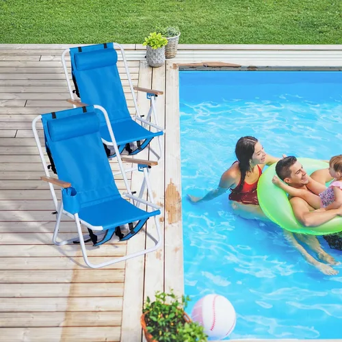Miniatura 8 de Outvita Silla de playa plegable con reposacabezas ajustable de 4 ángulos flexibles, con soporte para tazas, portátil, de alta resistencia, tela Azul