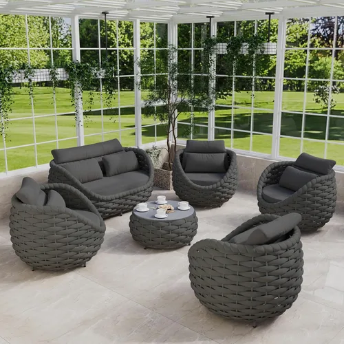 Miniatura 15 de Juego de muebles de patio de 4 piezas ensamblado, conjunto de sofá de conversación para exteriores de cuerda tejida a mano - Sofá de aluminio Cuerda