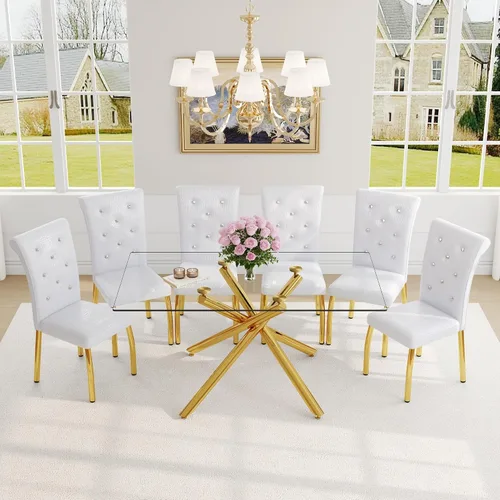 Miniatura 37 de Juego de mesa de comedor moderna para mesa de comedor negra de 4,63 pulgadas, juego de 4 con patas de metal dorado, mesa de cocina rectangular