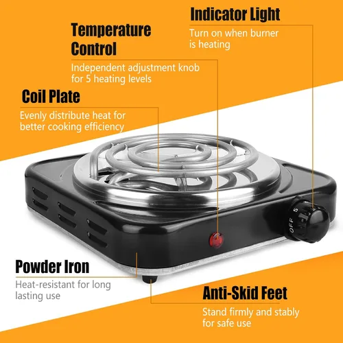 Miniatura 5 de TeqHome Placa Caliente, Quemador Portátil de Encimera de 1000W y Estufa Eléctrica, Placa de Cocción de Un Solo Quemador de Hierro Fundido con 5
