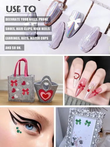Miniatura 6 de CYHYII - Lazos 3D para arte de uñas, lazos coloridos mezclados con pajarita roja, verde, azul, diamantes de imitación para uñas, parte trasera