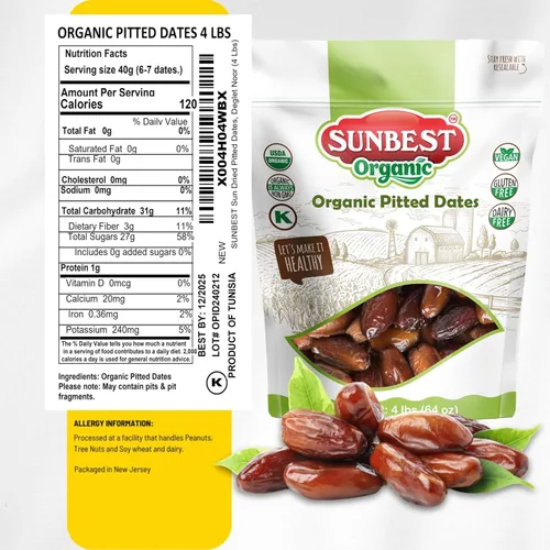 Miniatura 2 de Sunbest Natural Deglet Noor Dátiles orgánicos, 4 libras, sin hueso y entero, aperitivo de frutas secas a granel para niños y adultos, naturalmente
