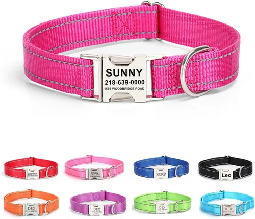 Miniatura 13 de Collar de perro personalizado con etiqueta de nombre, collar de nailon reflectante para mascotas, collares de perro con hebilla grabada Rosa
