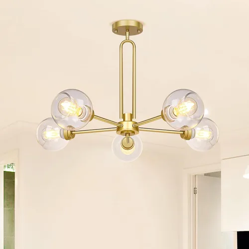 Miniatura 2 de Lámpara colgante con forma de globo, moderna lámpara de techo semiempotrada dorada con vidrio transparente, lámpara Sputnik de 5 luces para comedor