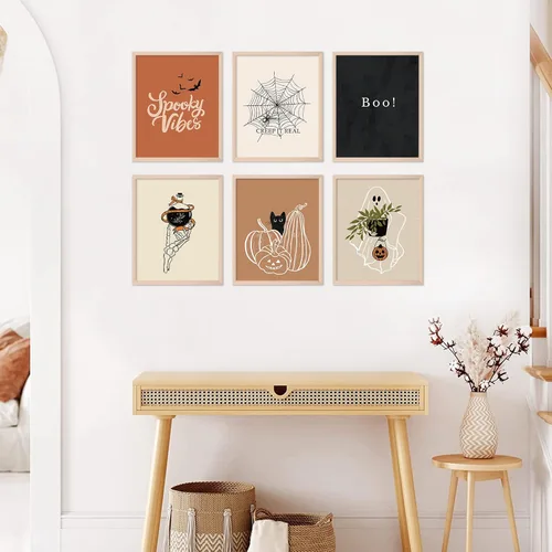 Miniatura 7 de Whaline 12 impresiones artísticas en lienzo de Halloween para pared, diseño de esqueleto bohemio, fantasma, gato negro, decoración de pared