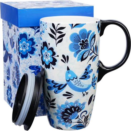 Topadorn Taza de Café de Cerámica de Viaje con Tapa y Caja de Color, 17oz Termo de Café Apto para Microondas y Lavavajillas, Pájaro Azul
