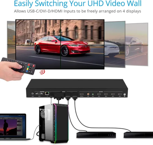 Miniatura 6 de gofanco Controlador de procesador de pared de video 2x2: hasta 4K 30Hz, cuatro entradas conmutables, 9 modos de videowall, cascada de hasta 10x10