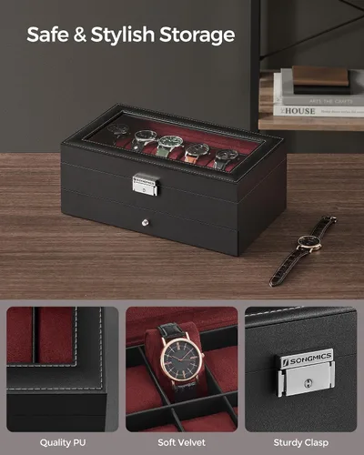 Miniatura 54 de SONGMICS UJWB012 - Caja de reloj de 12 ranuras, caja de reloj con cerradura con tapa de vidrio, 2 capas, con 1 cajón para anillos, pulseras, idea