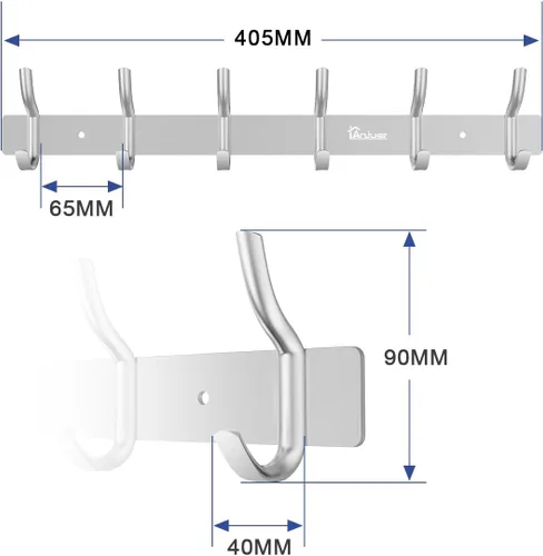 Miniatura 5 de Montado en la pared 16 pulgadas Percha Percha 6 ganchos aleación de aluminio plata para baño Kithchen plateado