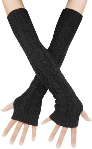 Bellady Guantes de invierno para mujer, cálidos sobre el codo, guantes largos sin dedos con agujero para el pulgar, guantes de punto para calentar