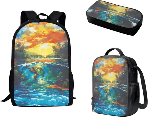 Miniatura 12 de Paquete de 3 bolsas escolares con estampado de bandera estadounidense para niños, mochila de gran capacidad para laptop, con cremallera, estuche