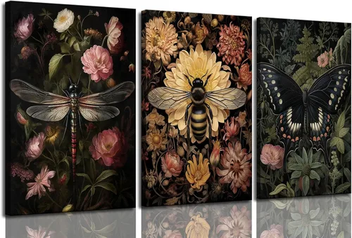 3 piezas de lienzo enmarcado con plantas florales oscuras, arte de pared, vintage, insecto, abeja, libélula mariposa, decoración de pared, cuadros