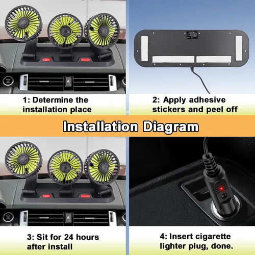 Miniatura 8 de Ventilador de triple cabezal para auto, aire acondicionado portátil para auto con rotación de 360° Enchufe para encendedor de cigarrillos para auto