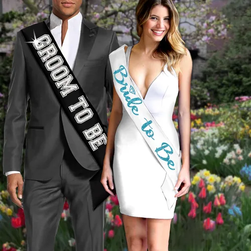 Miniatura 2 de Something Blue Gift for Bride To Be Sash - Banda de satén de grado nupcial - Decoraciones de despedida de soltera azul turquesa, Juego de 2 piezas