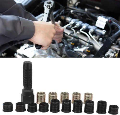 Miniatura 5 de Kit de reparación de roscas de bujía, herramienta de reparación de roscas de bujía M14x1.25, kit de reenhebrado portátil de acero al carbono