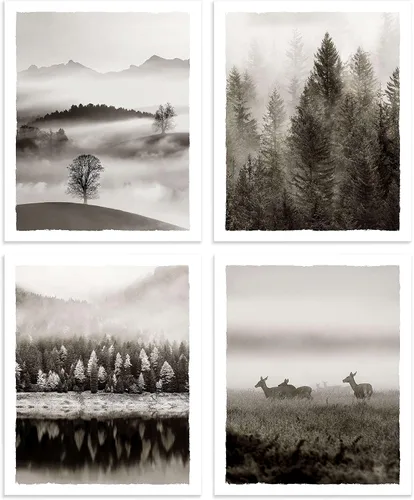 Imágenes de paisajes de la naturaleza, arte para pared, bosque brumoso, árbol, montaña, animales salvajes, ciervos, lago, escena, obra de arte para