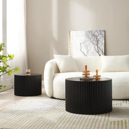 Miniatura 4 de Moderna mesa auxiliar anidable, mesa auxiliar redonda de madera, juego de 2 para espacios pequeños, sala de estar, color negro