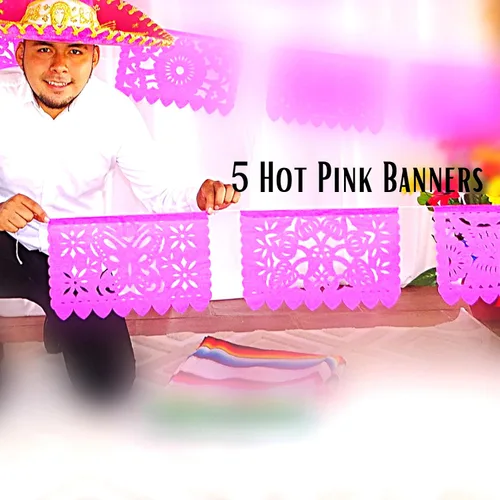 Miniatura 8 de Pancartas rosadas de Picado Picado, decoraciones de fiesta temática mexicana rosa, banderas mexicanas, decoraciones colgantes de fiesta de México