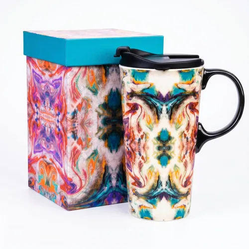 Miniatura 9 de Topadorn - Taza de viaje de cerámica de 17 onzas con tapa, taza de café de plumas boho con asa, taza grande de viaje de cerámica, apta
