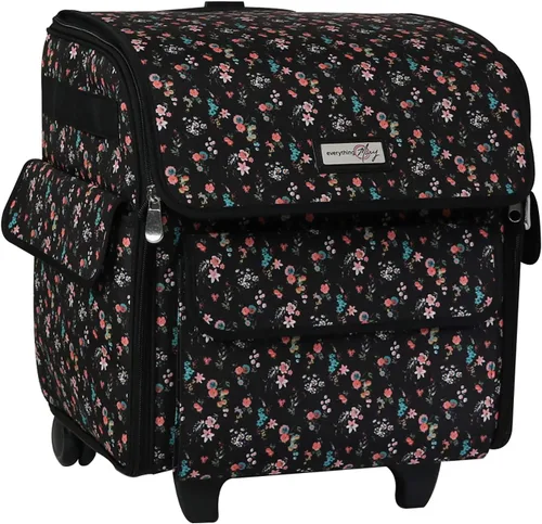 Everything Mary Bolsa para máquina de serger rodante, funda de transporte floral negra para máquinas Overlock, compatible con Brother, Singer y