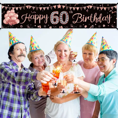 Miniatura 5 de Cartel de feliz cumpleaños 60 para mujer, suministros de fiesta de cumpleaños de 60 años de oro rosa, decoración de fondo para interiores